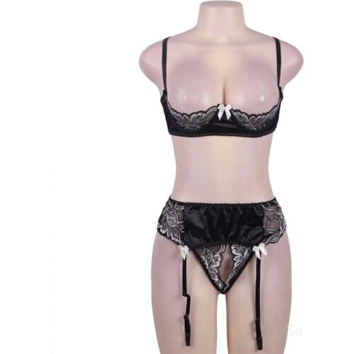 Black Lace Halter Sexy Lingerie Set Women Plus Size Open Bra Floral Transparent Lingerie Sexy Hot Erotic Sexy Bra With Garter