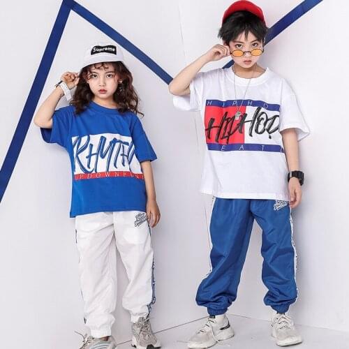 Kids Blue White Hip Hop Costume Children Jogger Sweatpants Shirt Stage Ballroom Dance Clothes Wear For Boys Girls Costumes