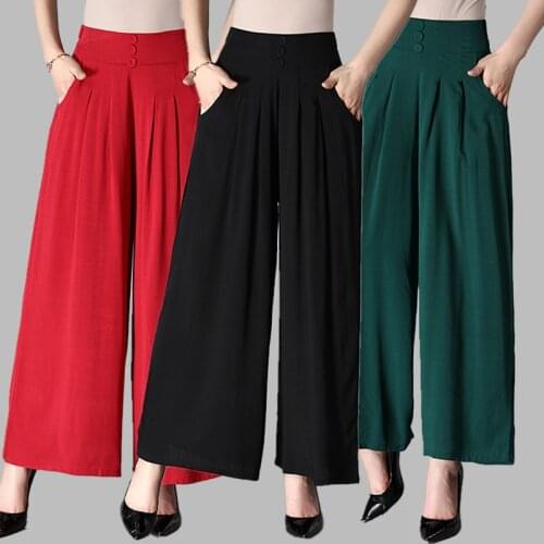 Middle-aged mothers High waist Cotton linen Wide-leg pants Spring Summer Loose Casual Nine pants Solid Plus size Female Trousers