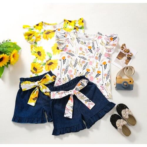 FOCUSNORM 1-6Y Summer Toddler Kids Girls Clothes Sets Floral Printed Ruffles Short Sleeve T Shirts Bow Denim Shorts