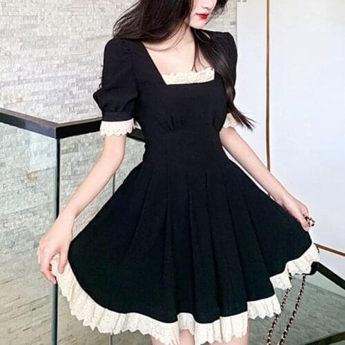 French Mini Vintage Dress Women Pacthwork Lace Female Square Collar Kawaii Dress Summer Korean Slim Party Dresss Casual Y2k 2021