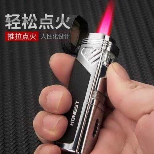 Honest Metal Multifunctional Visual Air Chamber Cigar Lighter Four Straight Red Flame Lighter Windproof Outdoor Mens Gadget