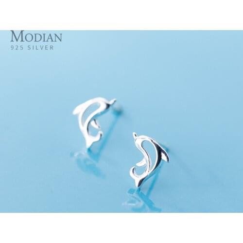 Modian Genuine 925 Sterling Silver Cute Tiny Dolphin Stud Earrings for Women Girl Hollow Design Sterling Silver Jewelry Brincos
