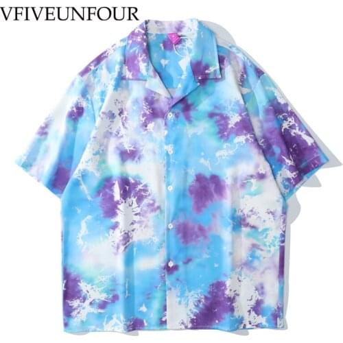 VFIVE UNFOUR New Arrivals Tie Dye Digital Printed Short Sleeve Shirt Oversized Shirt Loose Men Hawaiian Hipster Loose Shirt