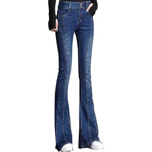 2021 New Autumn Flare Pants Fashion Spliced Skinny Stretch Jeans Women High Waist Slim Fit Pants Female Trousers Casual Jeans