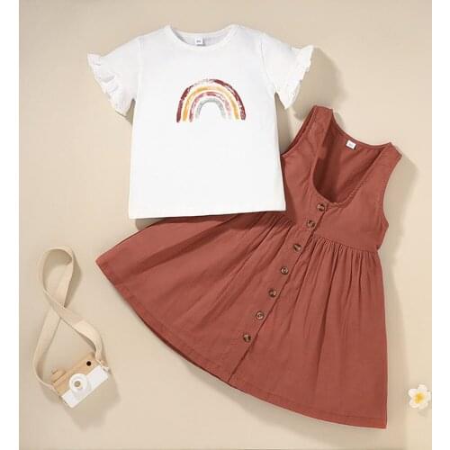 1-8T Baby Girl’s Summer 2 Pcs Outfits Toddler Kids Rainbow Print Short Sleeve Round Neck T-Shirt + Sleeveless Button Down Dress