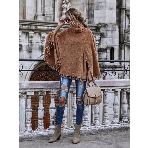 Fashion Plush Cloak Women Autumn Winter Warm Cape Parka Chic Outwear Batwing Turtleneck Bottom Tassel New Casual Stylish