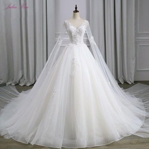 Julia Kui Elegant Organza V-Neck A-line Appliques Wedding Dress Floor-Length Long Sleeves Backless Chapel Train Vestido de noiva