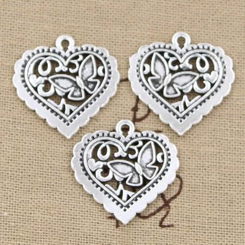 15pcs Charms Heart Butterfly 25x24mm Antique Silver Color Plated Pendants Making DIY Handmade Tibetan Silver Color Jewelry