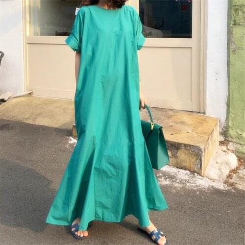 Round neck half sleeves green color pullover big size anlke length korea styles sweet girl\s dress U394