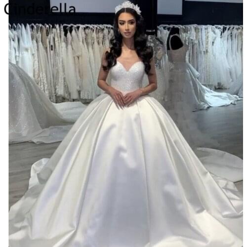 Shining Wedding Dresses Sweetheart Sleeveless Sweep Train Satin Crystal Wedding Dresses With Lace Up Back vestido de noiva