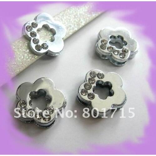 In stockWholesale 100pcs 8mm zinc alloy and half Rhinestone Flower Slide Charms DIY Accessories Fit Pet Collars Wristbands Belts