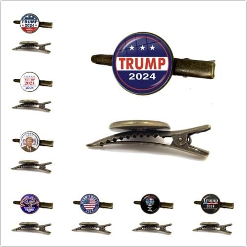 He Will Be Back 2024 Trump Tie Clip Donald Trump for President USA Creative Print Glass Tie Clasp Commemorate Gift