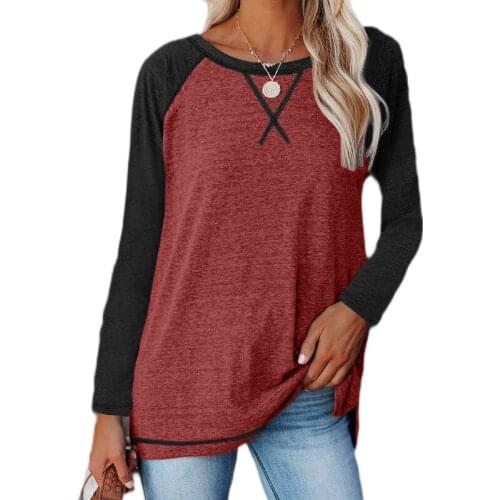 Women New T-shirt Fashion Patchwork Casual Solid O Neck Long Sleeve Loose Tops Ladies Harajuku T Shirt Ropa Mujer Camisetas 2021