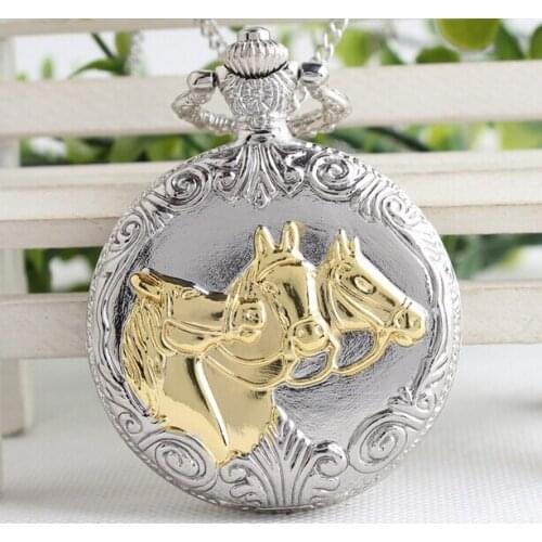 Hot sales silver three little horse quartz man Pendant clock Necklace pocket watch gift Free shipping