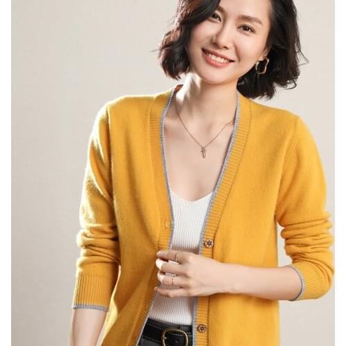 Women 100% Merino Wool Knitted Cardigans 2020 New Winter Autumn V-neck 5Colors Long sleeve Sweaters Female Pure Woolen Jumpers