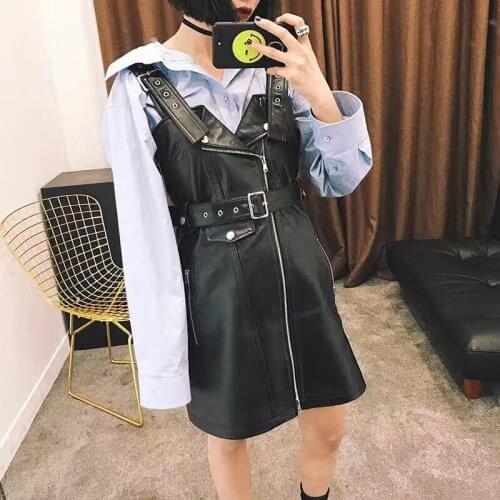 Women leather dress lady genuine leather dress real lambskin dress leather overall dress