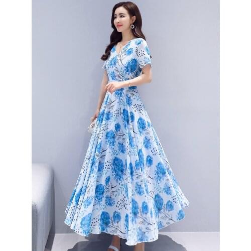 Elegant Vestidos Dress Summer Chiffon Floral Print Short Sleeve V-neck Long A-line Sukienki Party Robe Femme 2579