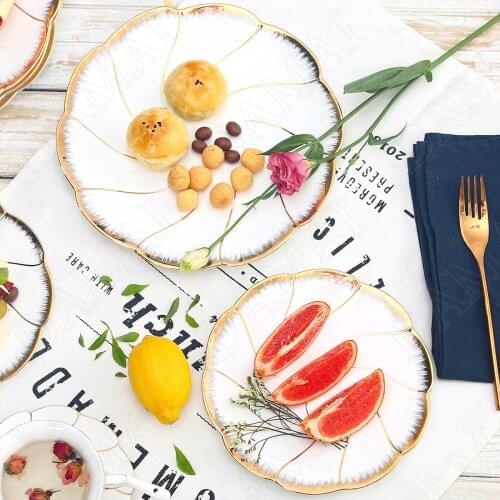 Golden Stroke Ceramic Plates Waves Porcelain Cake Dessert Dishes White Dinner Plate Main Course Hotel Restaurant Serving Tray