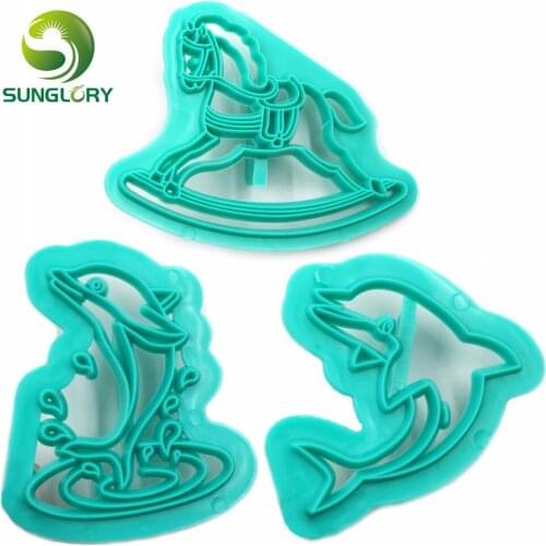 3PCS/SET Dolphin Wooden Horse Cookie Cutter Plastic Whale Fondant Cutter Kitchen Baking Tools Sugarcraft Decoration Biscuit Mold