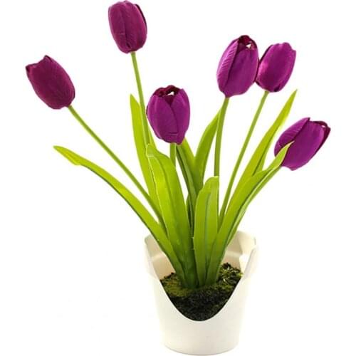 80% Hot Sale Artificial Tulip Exquisite 6 Heads Faux Silk Flower Natural Simulation Potted Plants for Home Decor