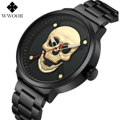 WWOOR Stainless Steel Cool Skull Quartz Mens Watches Brand Luxury Retro Sport Clock Black Military Male Watch Relogio Masculino