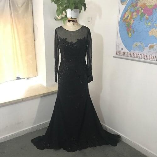 Black Muslim Evening Dresses 2020 Mermaid Long Sleeves Appliques Lace Beaded Islamic Dubai Saudi Arabic Long Formal Evening Gown