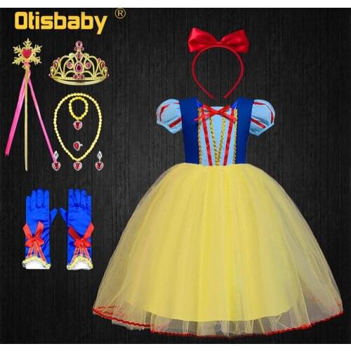 Birthday Party Girls Snow White Dress Toddler Puff Sleeve Tulle Tutu Dress Halloween Princess Costume Fancy Fairy Wig Children