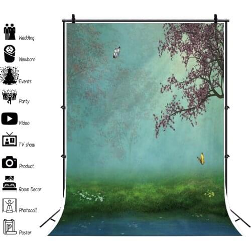 Laeacco Green Grass Spring Flower Tree Butterfly Lakeside Oil Painting Scenic Photo Background Photography Backdrop Photo Studio