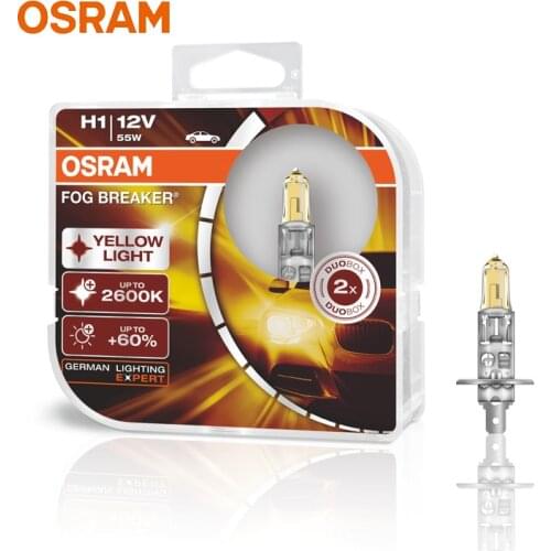 OSRAM Halogen Fog Lamp H1 Auto Headlight Yellow Color Car Bulb 60% More Bright 62150FBR 12V 55W 2600K (2X)
