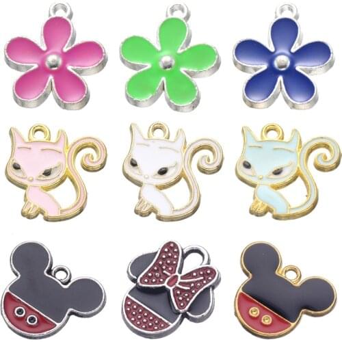 Juya 15pcs/lot Wholesale DIY Animal Cat Cartoon Flower Enamel Charms For Women Kids Handmade Fashion Pendant Jewelry Making
