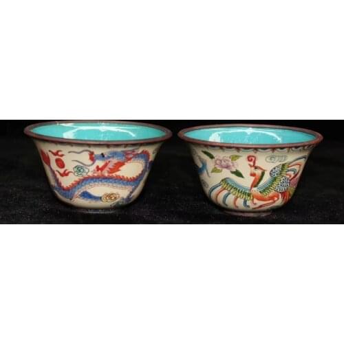 Chinese antique collection cloisonne enamel color dragon and phoenix bowl pair/decorative collection gift