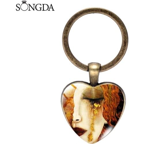Tears of God Heart Pendant Keychain Classic Artist Gustav Klimt The Kiss Oil Painting Art Photo Glass Keyring Vintage Jewelry
