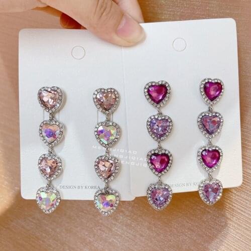 MENGJIQIAO 2021 Korean Fashion Purple Heart Crystal Long Dangle Earrings For Women Girls Elegant Luxury Pendientes Party Jewelry