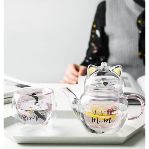 Fahion Glass Cat Tea Set High Borosicate Heat Resistant Teapot With Filter Household Coffee Cups Portable Drinkware