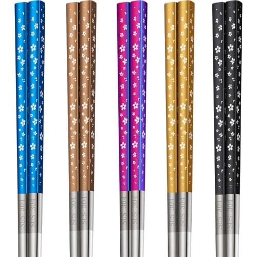 New 5 Pairs Of Chopsticks Set 304 Stainless Steel Reusable Flower Pattern Chop Sticks Non-slip Steel Chopstick Kit Kitchen Tools