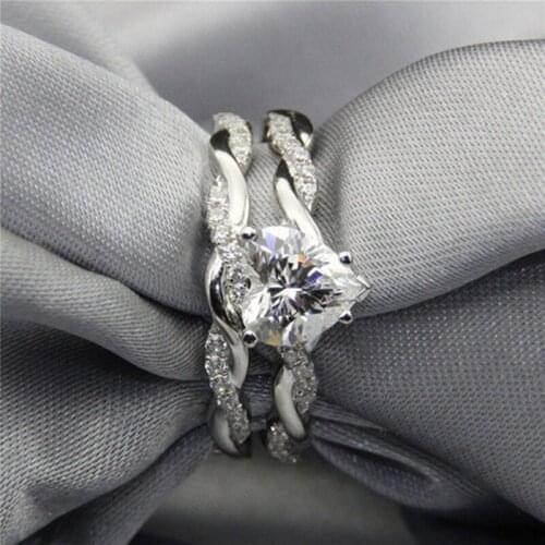 Fashion Crystal Heart Shaped Wedding Rings Set Women Zircon Engagement Rings Proposal Whiter Gold Color Ring Jewelry