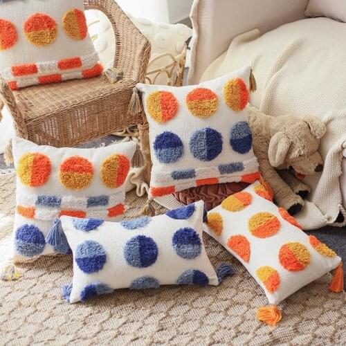 Boho Style Cushion Cover45x45cm/30x50cm Orange Blue Moon Tuft Tassels Handmade Decoration Pillow Cover Sofa Bed