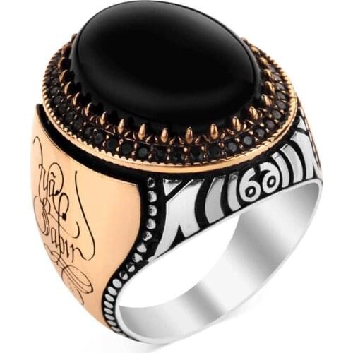 Oval Black Onyx Gestone Ring 925 Sterling Silver Turkish Letter Calligraphy Style Ring Vintage Handmade Men Jewelry