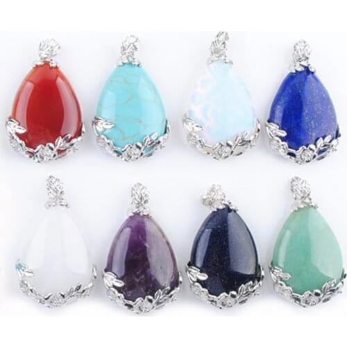 Wholesale 8Pcs/Lot Natural Stone Teardrop Pendant Inlaid Metal Flower Pink Quartz Lapis Crystal Opal Women Men Jewelry TBN350