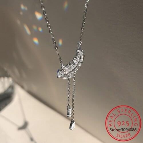 925 Sterling Silver Glittering CZ Feather Necklace for Women Lady Dainty Long Tassel Necklace Gifts S-N732