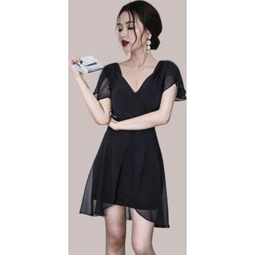 Summer Chiffon Dress Black V-Neck Flare Sleeve Mini Dress High Waist Party Dress Korean Office Lady A-Line Loose Sexy 2021 C295