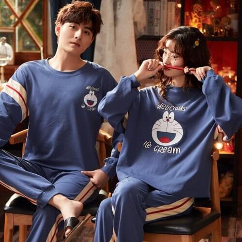 Cute Japan Anime Doraemon Couple Pajamas Set Cotton Long Sleeve Homewear O-Neck Loose Blue Stripes Couples Winter Sleepwear Suit