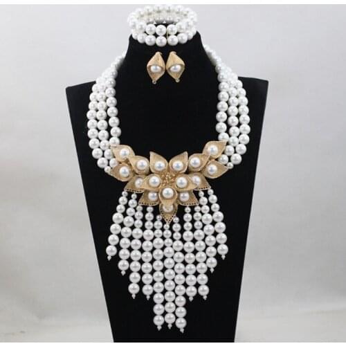 Fabulous White Shell Pearl Wedding Beads Charming African Necklace Sets Handmade Design Free Shipping QW909