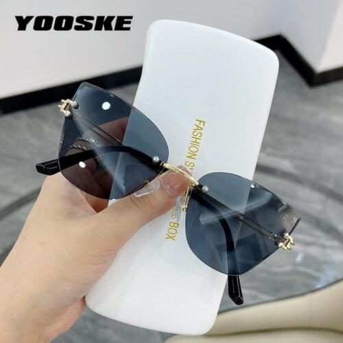 YOOSKE Rimless Sunglasses Women Luxury Brand Design Cat Eye Sun Glasses Female Vintage Blue Pink Trimming Eyewear Shades UV400