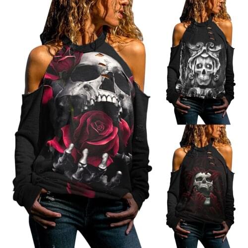 Halloween Women Long Sleeve Off Shoulder Hollow Out Sexy T-shirt Blouse Tops Skull Printing Daily All-match Sexy Girls Shirt Top