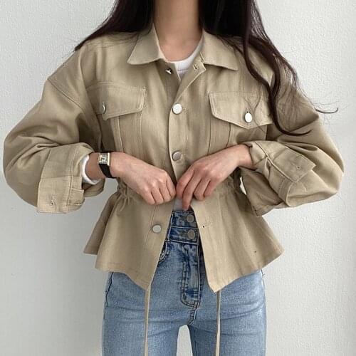 ZCSMLL Korean Spring Autumn Lapel Coat Single-breasted Drawstring Waist Casual Double Pocket Solid Color Short Jacket Women