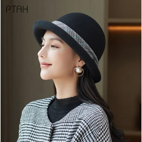 [PTAH] Fedora Hat For Women Temperament Elegant Church Autumn Winter New Womens Bow Hat 100% Wool High Quality Wedding Shipping
