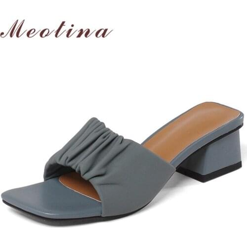 Meotina Slippers Shoes Women Real Leather Thick Heel Sandals Med Heel Pleated Slides Square Toe Sheepskin Lady Footwear Summer
