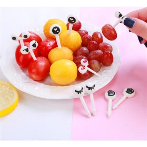 10pcs/set Mini Fruit Fork Eye Cartoon Expression Plastic Fork Fruit Toothpick For Children Fork Dessert Prikkers